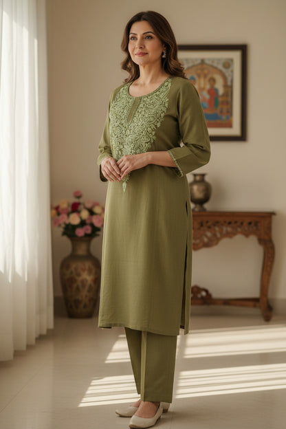 Kashmiri Supan Suits With Aari Embroidery   - Olive