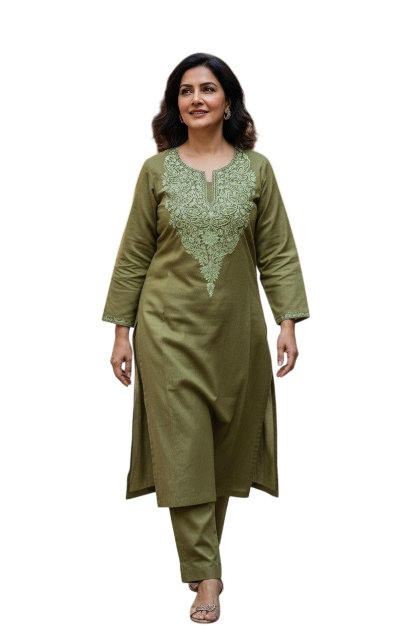 Kashmiri Supan Suits With Aari Embroidery   - Olive