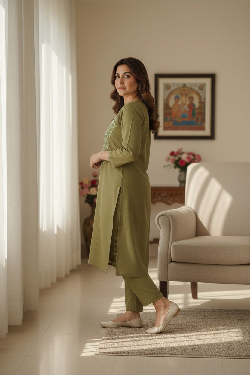 Kashmiri Supan Suits With Aari Embroidery   - Olive