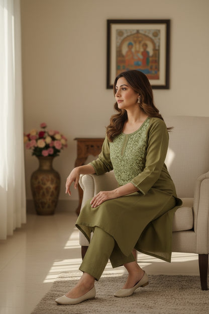 Kashmiri Supan Suits With Aari Embroidery   - Olive