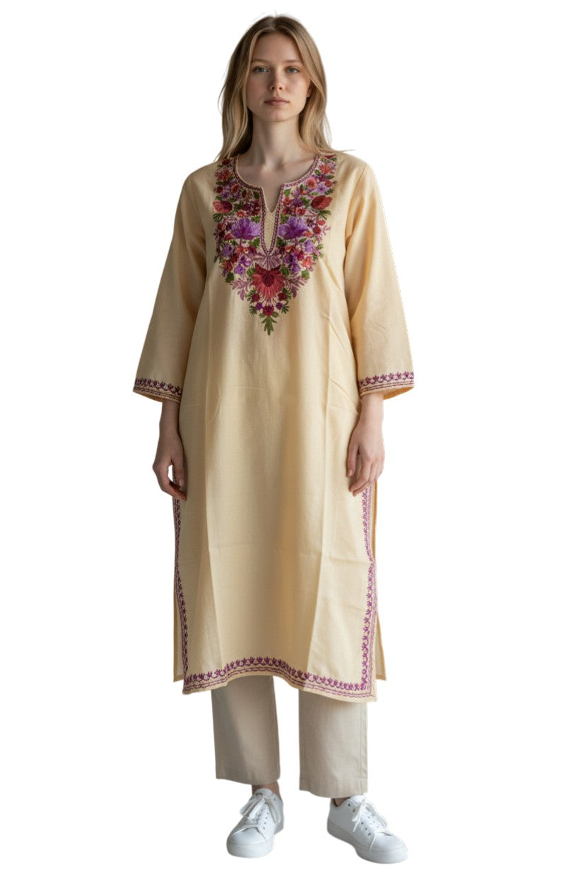 Kashmiri Cotton Kurti for Women with Aari Embroidery | Summer Wear Traditional Designer Kurti for Women- Beige