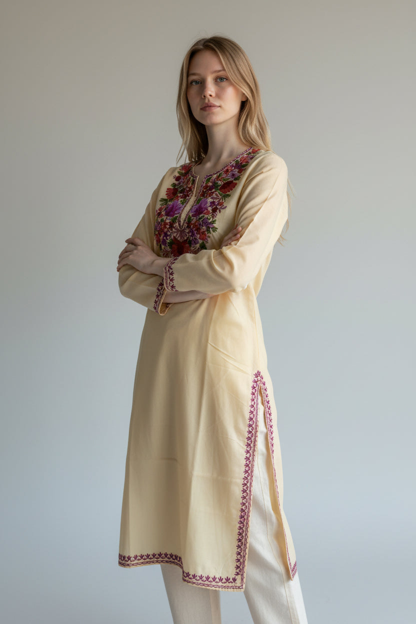 Kashmiri Cotton Kurti for Women with Aari Embroidery | Summer Wear Traditional Designer Kurti for Women- Beige