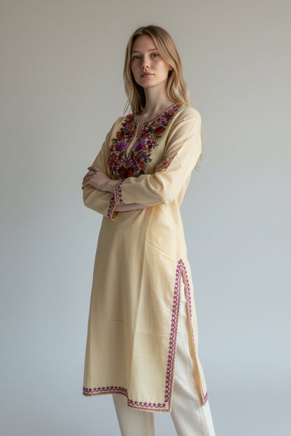 Kashmiri Cotton Kurti for Women with Aari Embroidery | Summer Wear Traditional Designer Kurti for Women- Beige