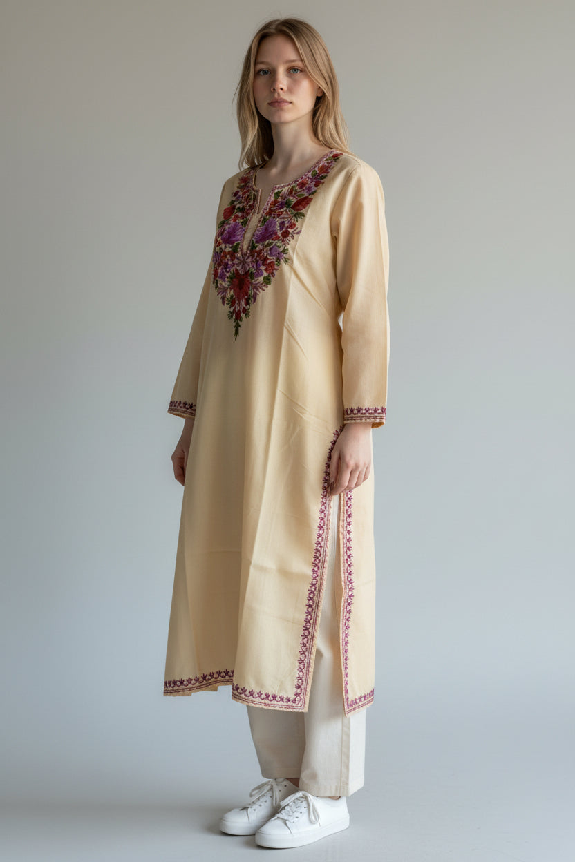 Kashmiri Cotton Kurti for Women with Aari Embroidery | Summer Wear Traditional Designer Kurti for Women- Beige