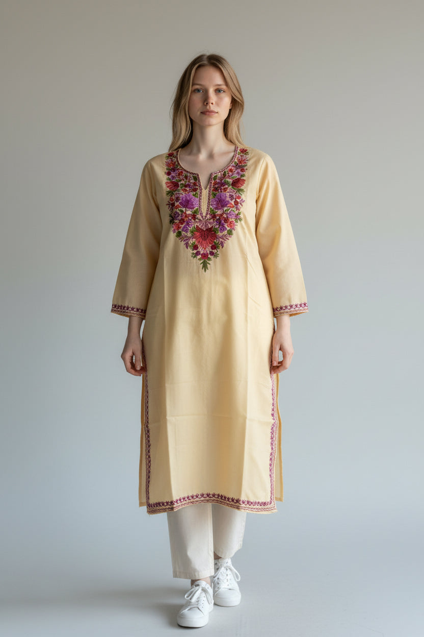 Kashmiri Cotton Kurti for Women with Aari Embroidery | Summer Wear Traditional Designer Kurti for Women- Beige