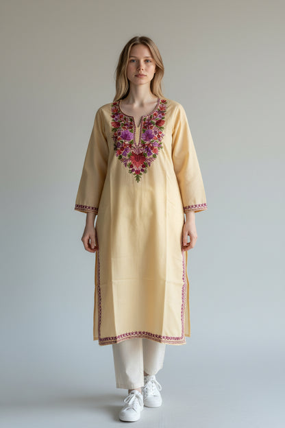 Kashmiri Cotton Kurti for Women with Aari Embroidery | Summer Wear Traditional Designer Kurti for Women- Beige