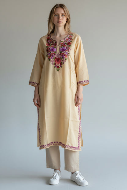 Kashmiri Cotton Kurti for Women with Aari Embroidery | Summer Wear Traditional Designer Kurti for Women- Beige