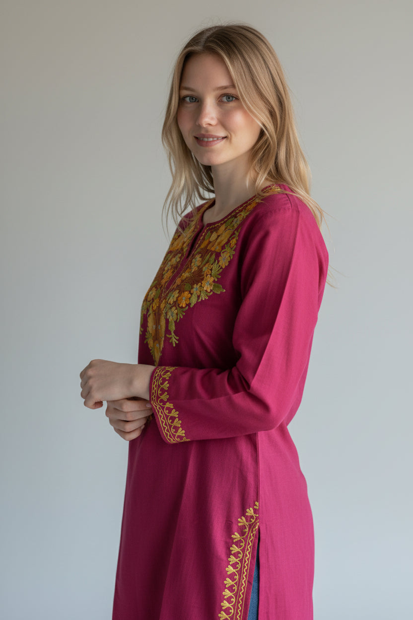 Kashmiri Cotton Kurti for Women with Aari Embroidery | Summer Wear Traditional Designer Kurti for Women- Red