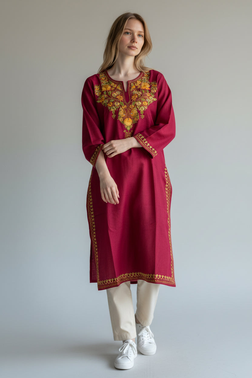 Kashmiri Cotton Kurti for Women with Aari Embroidery | Summer Wear Traditional Designer Kurti for Women- Red