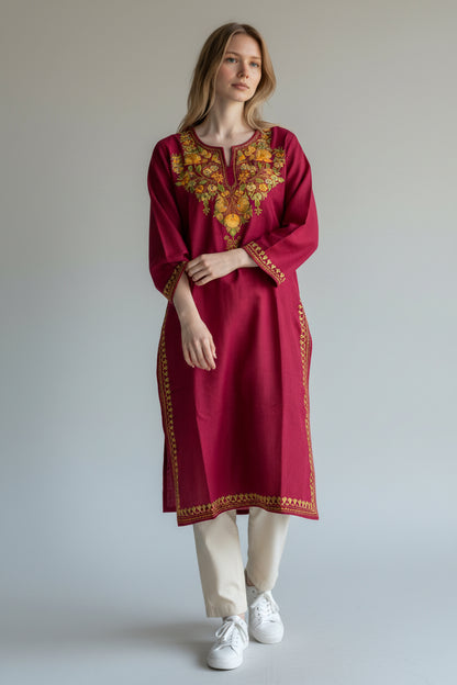 Kashmiri Cotton Kurti for Women with Aari Embroidery | Summer Wear Traditional Designer Kurti for Women- Red