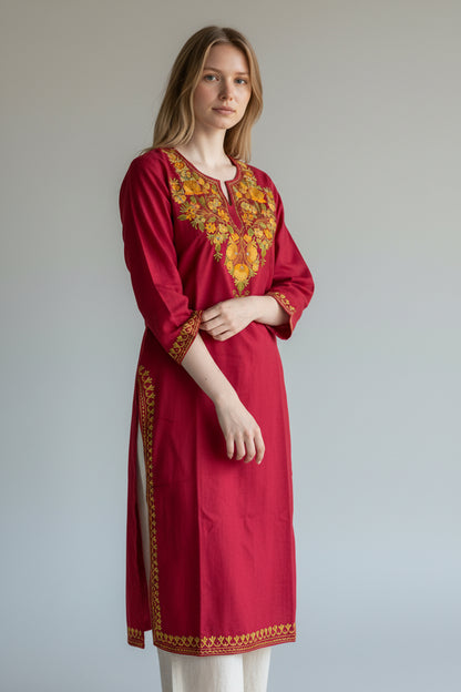 Kashmiri Cotton Kurti for Women with Aari Embroidery | Summer Wear Traditional Designer Kurti for Women- Red