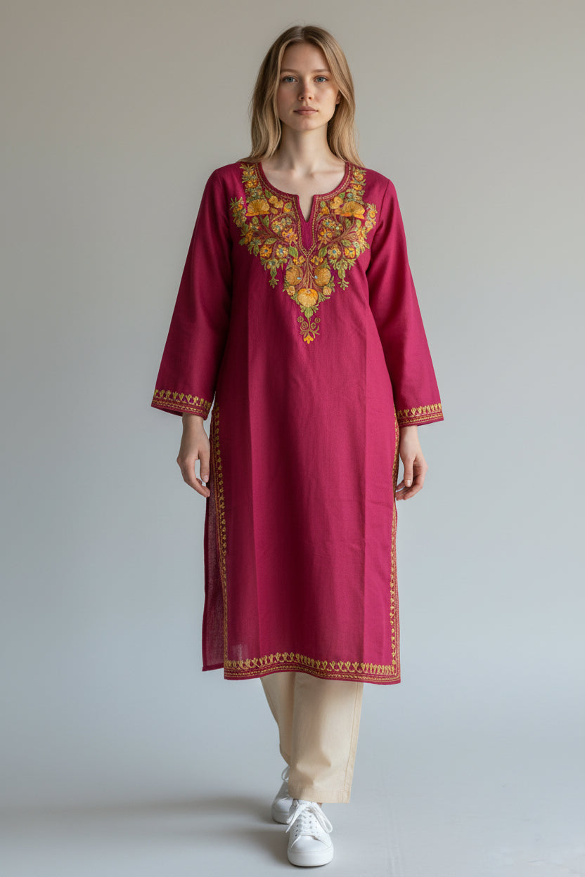 Kashmiri Cotton Kurti for Women with Aari Embroidery | Summer Wear Traditional Designer Kurti for Women- Red