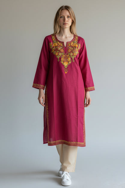 Kashmiri Cotton Kurti for Women with Aari Embroidery | Summer Wear Traditional Designer Kurti for Women- Red