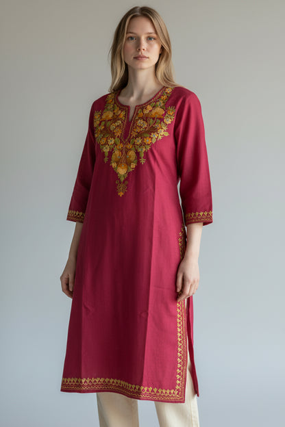Kashmiri Cotton Kurti for Women with Aari Embroidery | Summer Wear Traditional Designer Kurti for Women- Red