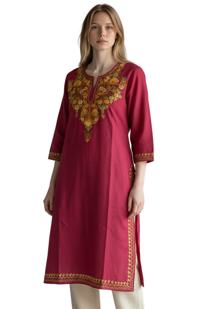 Kashmiri Cotton Kurti for Women with Aari Embroidery | Summer Wear Traditional Designer Kurti for Women- Red