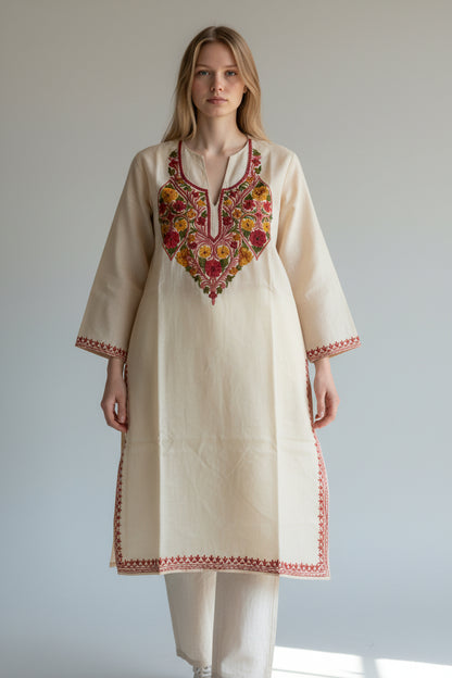 Kashmiri Cotton Kurti for Women with Aari Embroidery | Summer Wear Traditional Designer Kurti for Women- Beige2