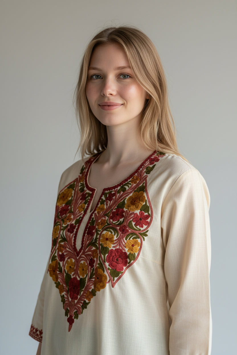 Kashmiri Cotton Kurti for Women with Aari Embroidery | Summer Wear Traditional Designer Kurti for Women- Beige2