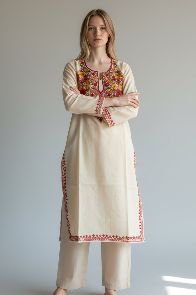 Kashmiri Cotton Kurti for Women with Aari Embroidery | Summer Wear Traditional Designer Kurti for Women- Beige2