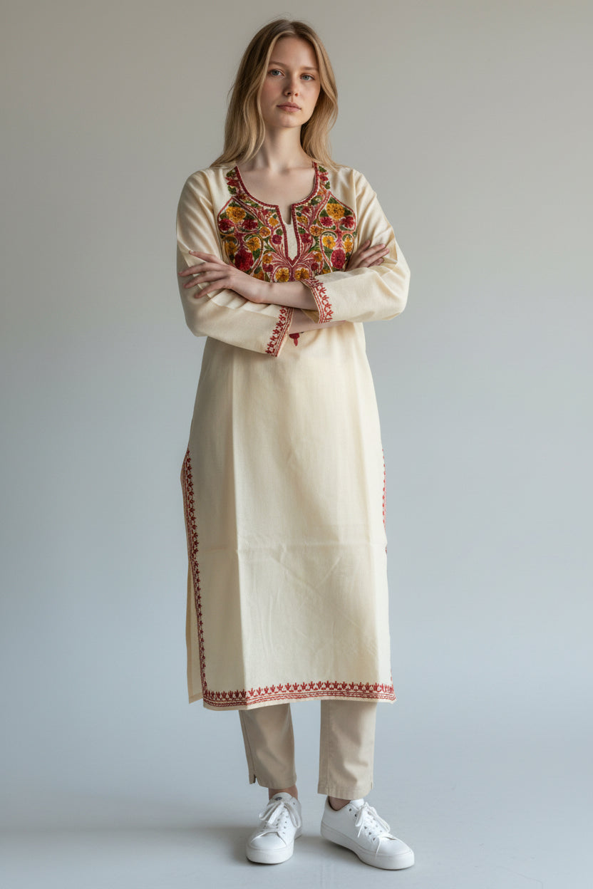 Kashmiri Cotton Kurti for Women with Aari Embroidery | Summer Wear Traditional Designer Kurti for Women- Beige2