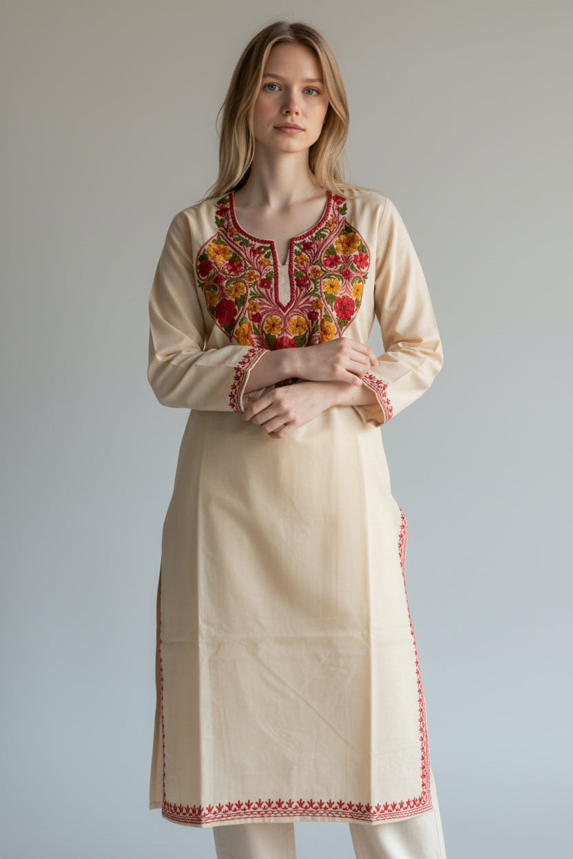 Kashmiri Cotton Kurti for Women with Aari Embroidery | Summer Wear Traditional Designer Kurti for Women- Beige2