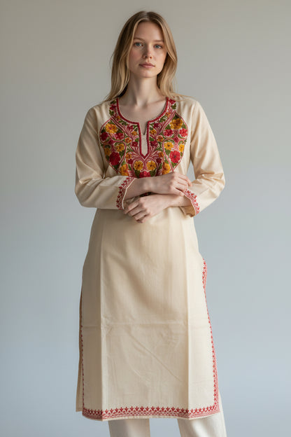 Kashmiri Cotton Kurti for Women with Aari Embroidery | Summer Wear Traditional Designer Kurti for Women- Beige2