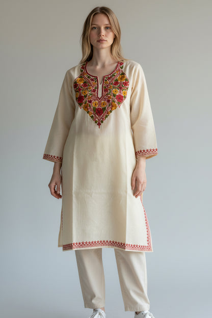 Kashmiri Cotton Kurti for Women with Aari Embroidery | Summer Wear Traditional Designer Kurti for Women- Beige2