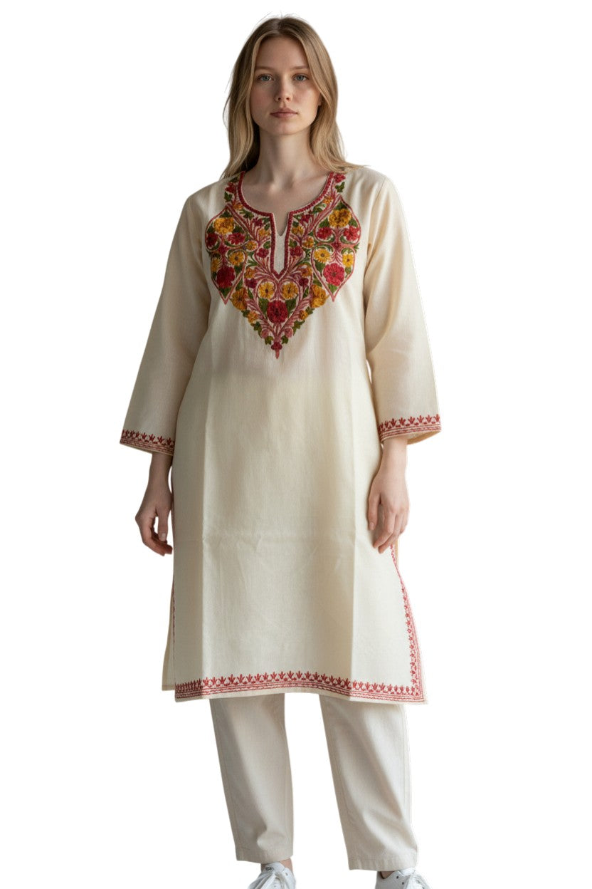 Kashmiri Cotton Kurti for Women with Aari Embroidery | Summer Wear Traditional Designer Kurti for Women- Beige2