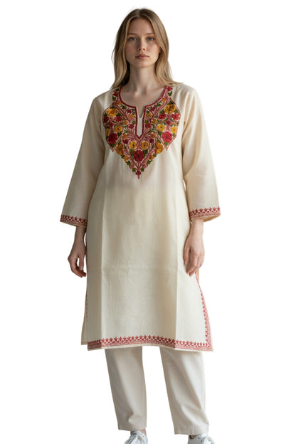 Kashmiri Cotton Kurti for Women with Aari Embroidery | Summer Wear Traditional Designer Kurti for Women- Beige2