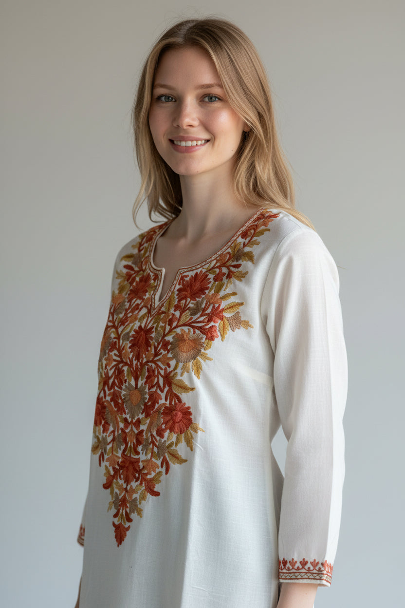 Kashmir Gallery Kashmiri Cotton Kurti for Women with Aari Embroidery | Summer Wear Traditional Designer Kurti for Women- Off White
