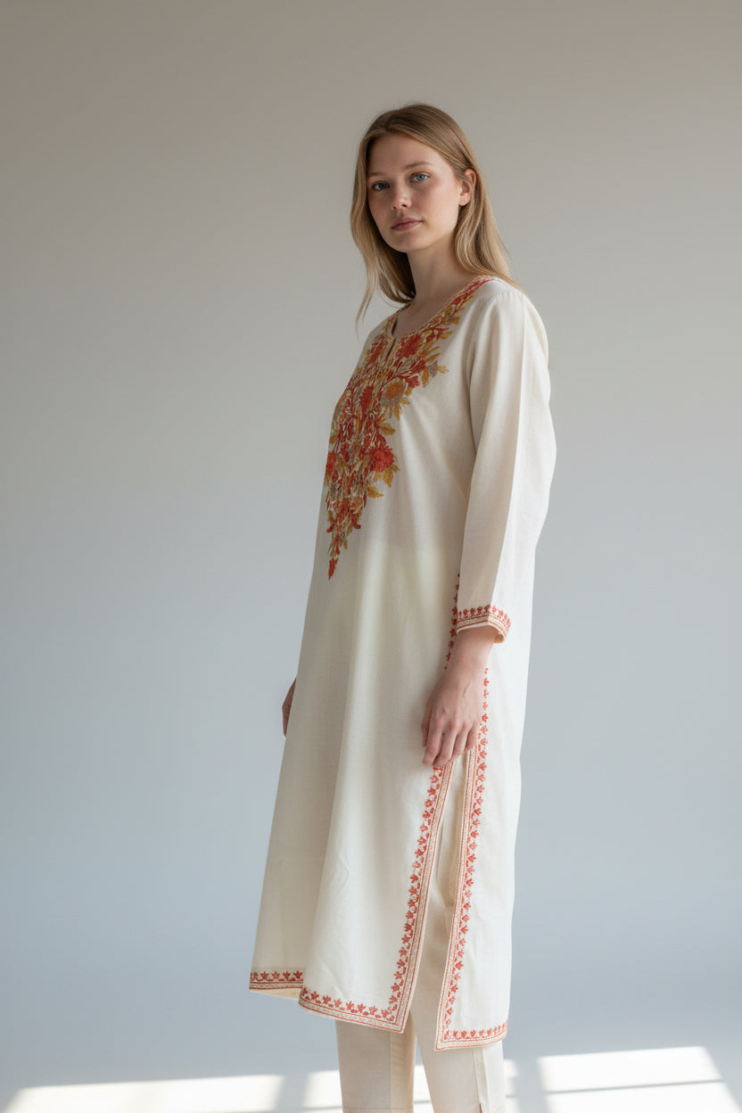 Kashmir Gallery Kashmiri Cotton Kurti for Women with Aari Embroidery | Summer Wear Traditional Designer Kurti for Women- Off White