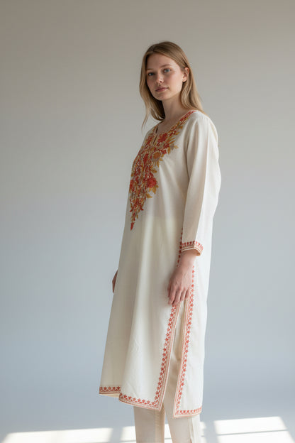 Kashmir Gallery Kashmiri Cotton Kurti for Women with Aari Embroidery | Summer Wear Traditional Designer Kurti for Women- Off White