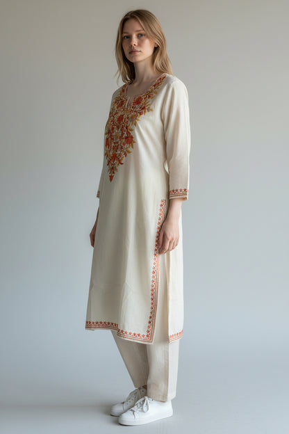 Kashmir Gallery Kashmiri Cotton Kurti for Women with Aari Embroidery | Summer Wear Traditional Designer Kurti for Women- Off White