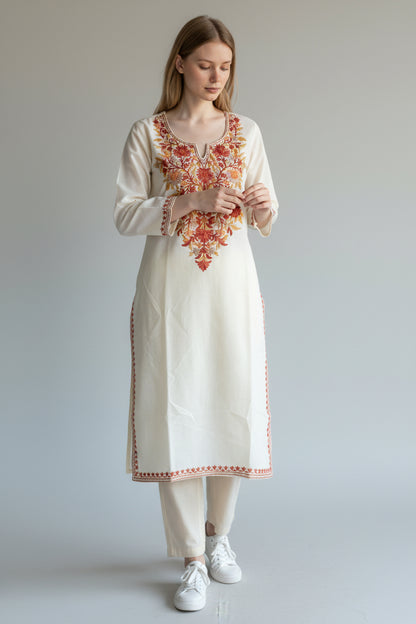 Kashmir Gallery Kashmiri Cotton Kurti for Women with Aari Embroidery | Summer Wear Traditional Designer Kurti for Women- Off White