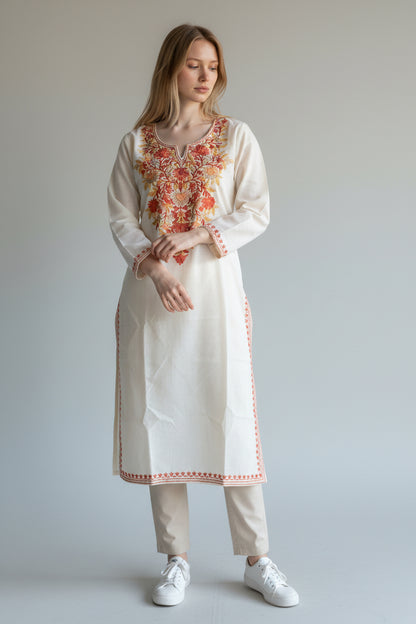 Kashmir Gallery Kashmiri Cotton Kurti for Women with Aari Embroidery | Summer Wear Traditional Designer Kurti for Women- Off White