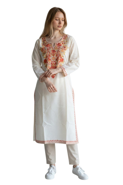 Kashmir Gallery Kashmiri Cotton Kurti for Women with Aari Embroidery | Summer Wear Traditional Designer Kurti for Women- Off White