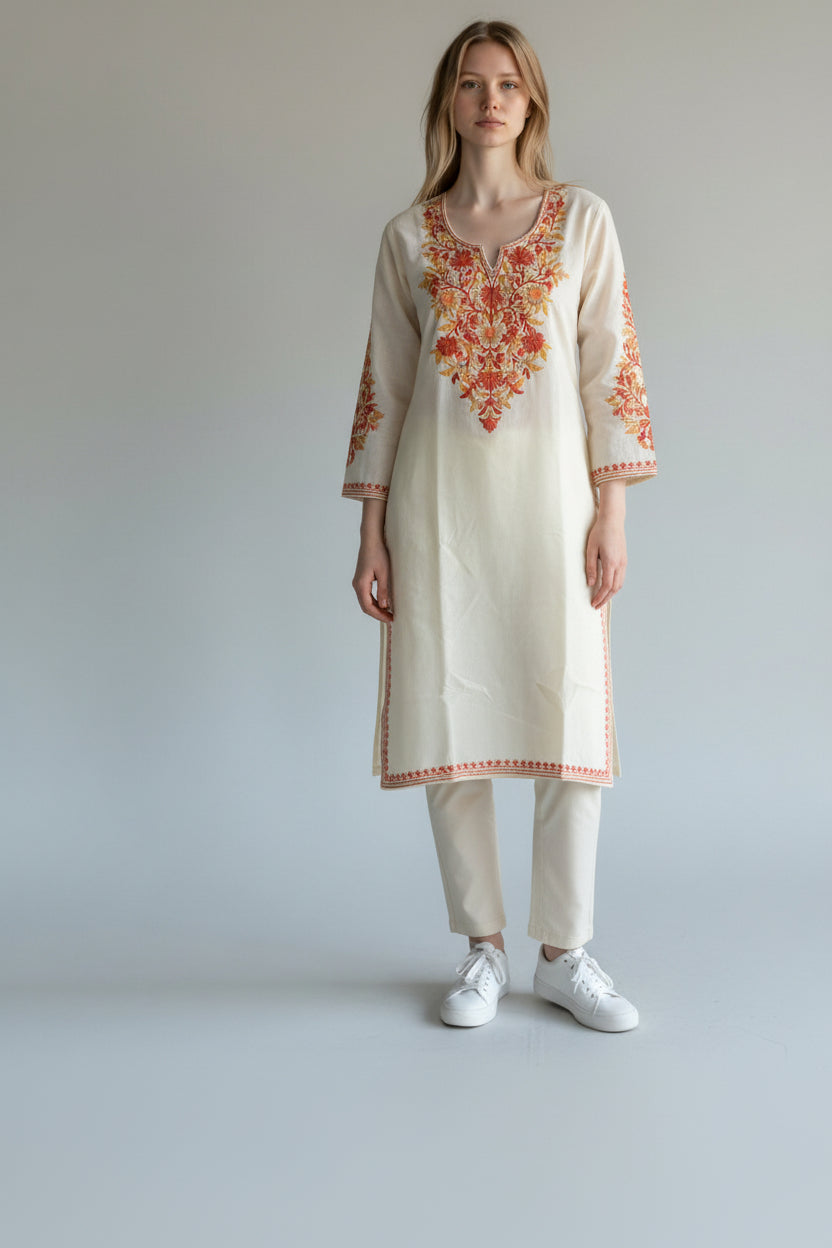 Kashmir Gallery Kashmiri Cotton Kurti for Women with Aari Embroidery | Summer Wear Traditional Designer Kurti for Women- Off White