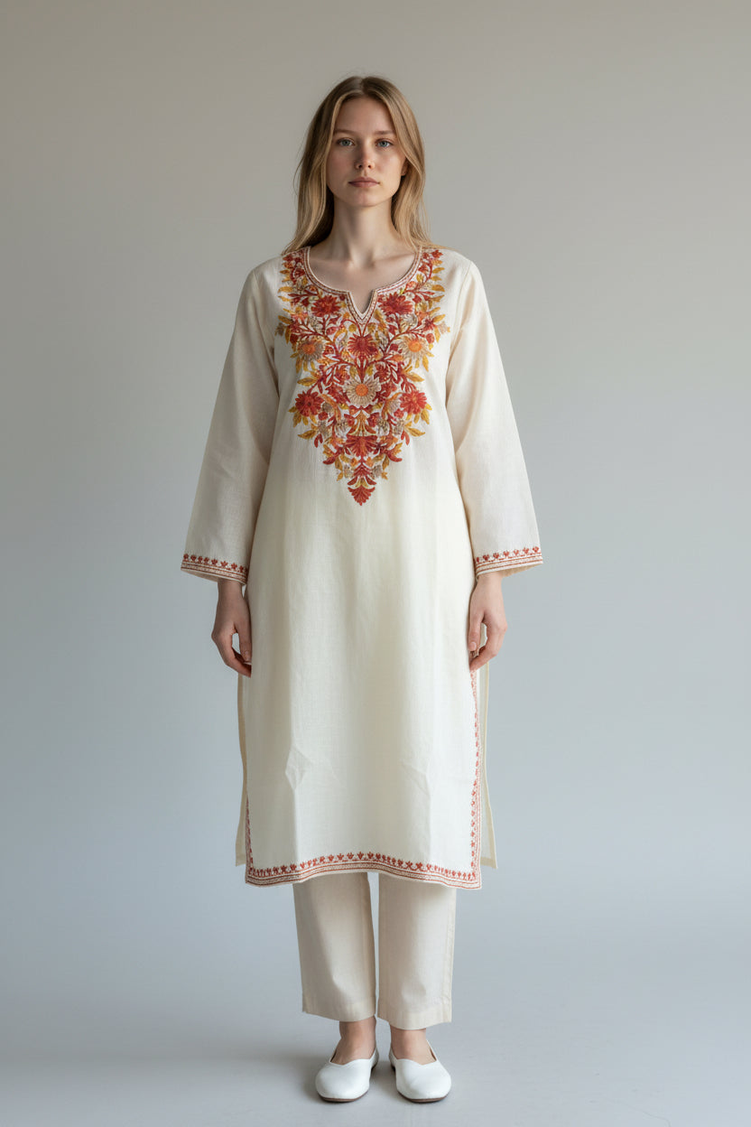 Kashmir Gallery Kashmiri Cotton Kurti for Women with Aari Embroidery | Summer Wear Traditional Designer Kurti for Women- Off White