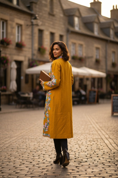 Women’s Woolen Long Coat – Elegant Winter Wear -Mustard