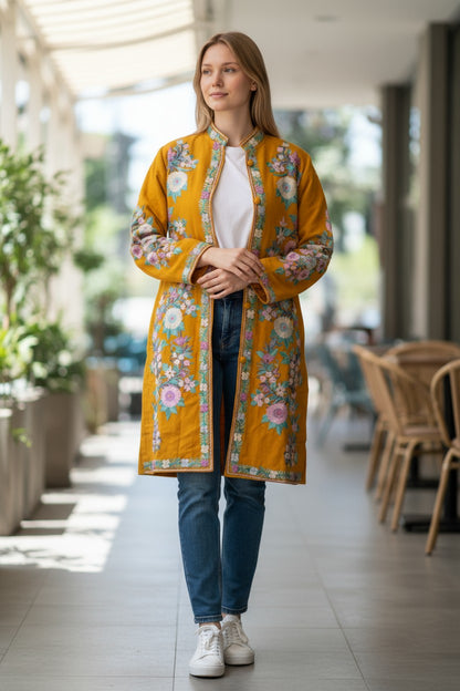 Women’s Woolen Long Coat – Elegant Winter Wear -Mustard