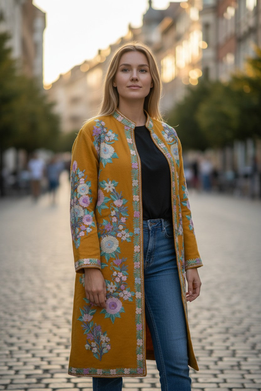 Women’s Woolen Long Coat – Elegant Winter Wear -Mustard