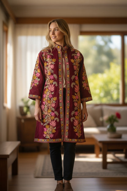 Women’s Woolen Long Coat – Elegant Winter Wear -Maroon