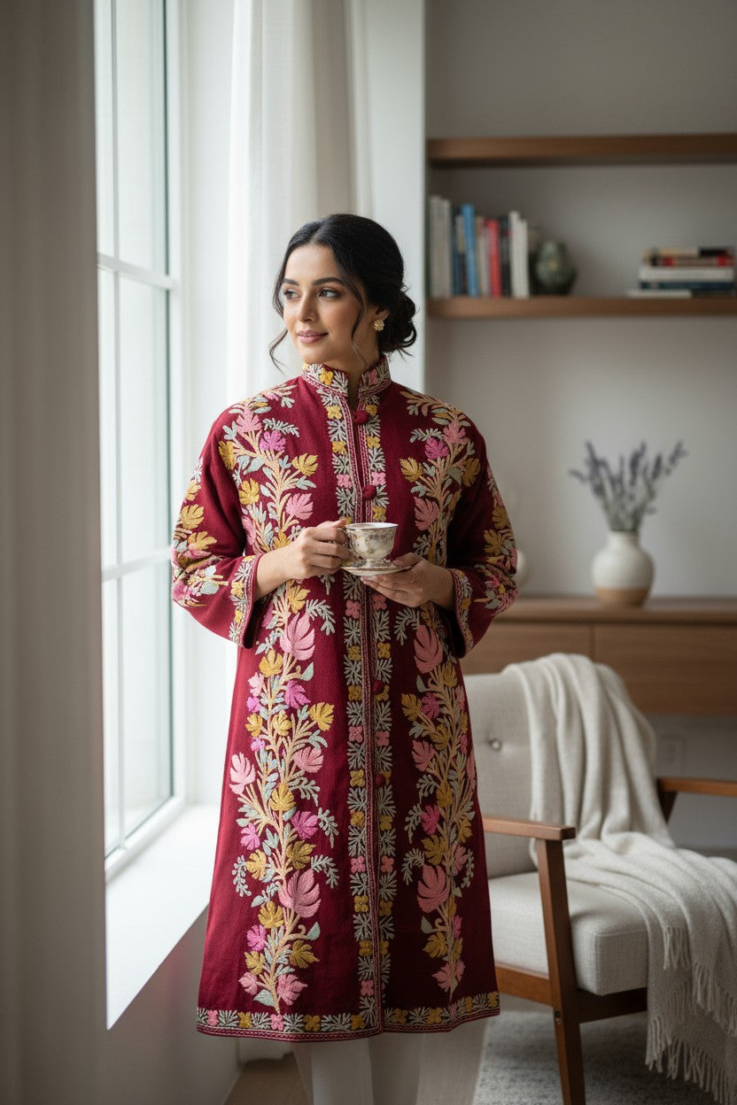 Women’s Woolen Long Coat – Elegant Winter Wear -Maroon