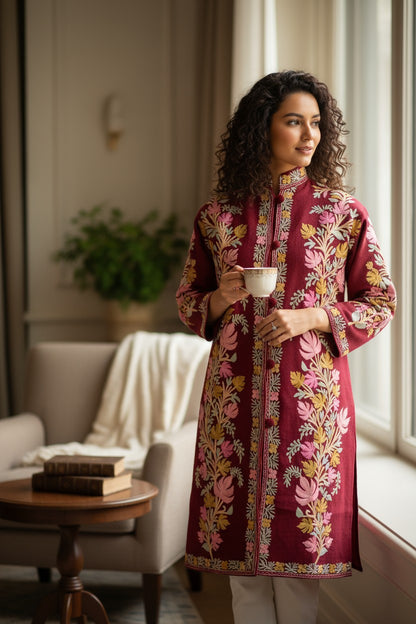 Women’s Woolen Long Coat – Elegant Winter Wear -Maroon