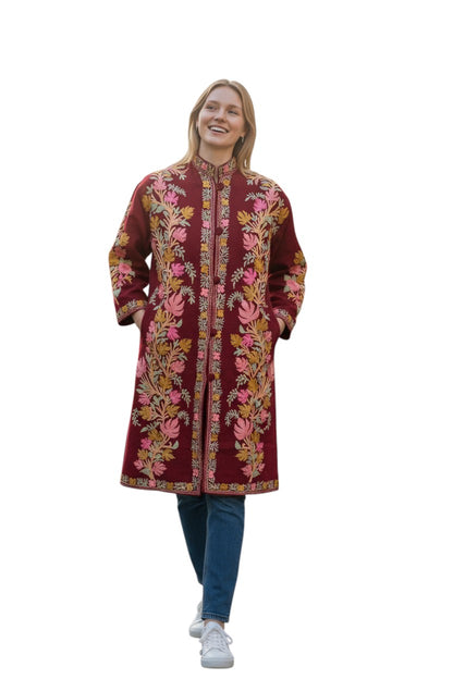 Women’s Woolen Long Coat – Elegant Winter Wear -Maroon