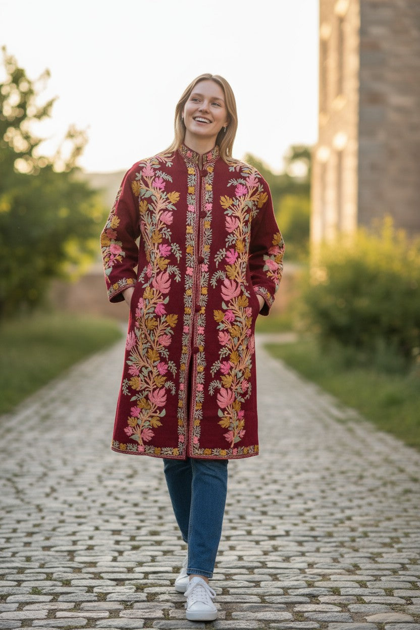 Women’s Woolen Long Coat – Elegant Winter Wear -Maroon