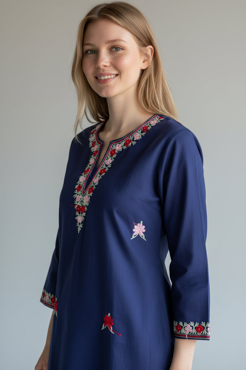 Kashmir Gallery Kashmiri Cotton Kurti for Women with Aari Embroidery | Summer Wear Traditional Designer Kurti for Women- Navy Blue-1