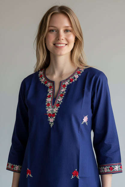 Kashmir Gallery Kashmiri Cotton Kurti for Women with Aari Embroidery | Summer Wear Traditional Designer Kurti for Women- Navy Blue-1