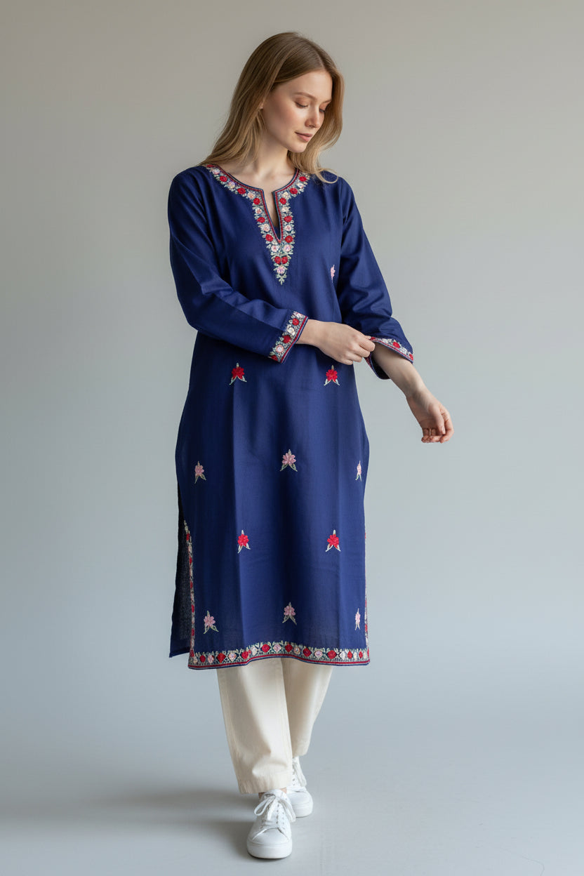 Kashmir Gallery Kashmiri Cotton Kurti for Women with Aari Embroidery | Summer Wear Traditional Designer Kurti for Women- Navy Blue-1