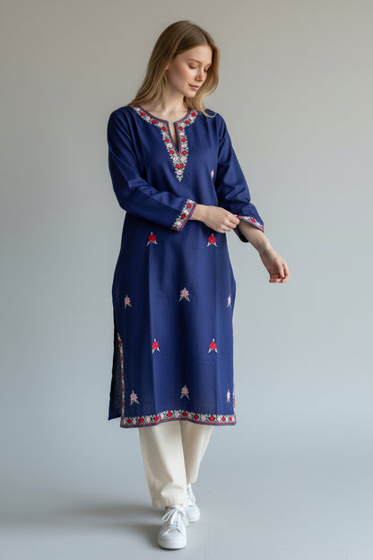 Kashmir Gallery Kashmiri Cotton Kurti for Women with Aari Embroidery | Summer Wear Traditional Designer Kurti for Women- Navy Blue-1
