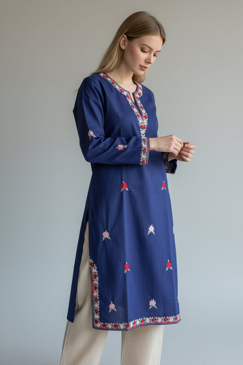 Kashmir Gallery Kashmiri Cotton Kurti for Women with Aari Embroidery | Summer Wear Traditional Designer Kurti for Women- Navy Blue-1